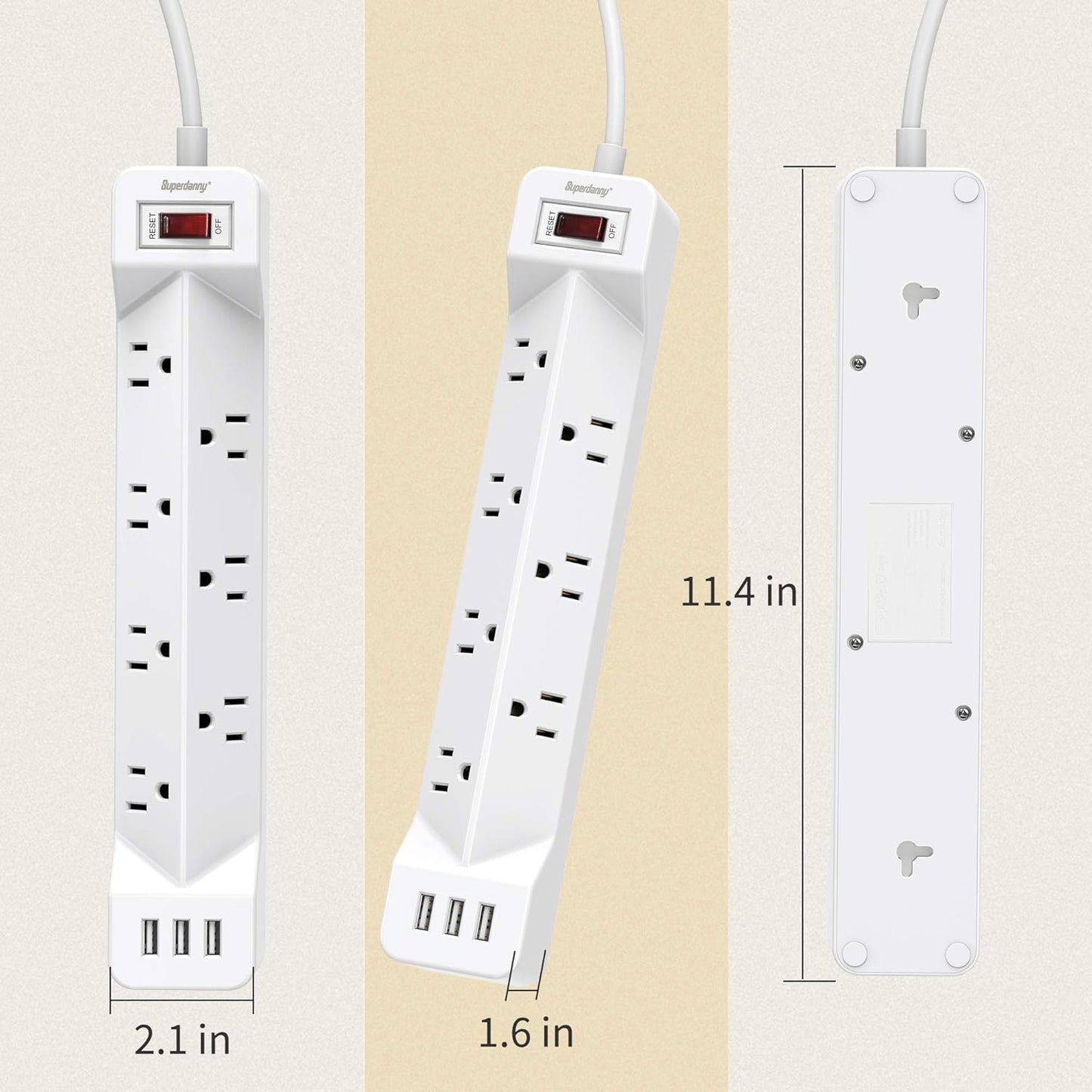 16.5 Ft Power Strip Surge Protector Flat Plug with USB, 7 Wide Spaced Outlets 3 USB Ports Mountable Extension Cord Charging Station, Overload Protection for Home Office Hotel Dorm, White