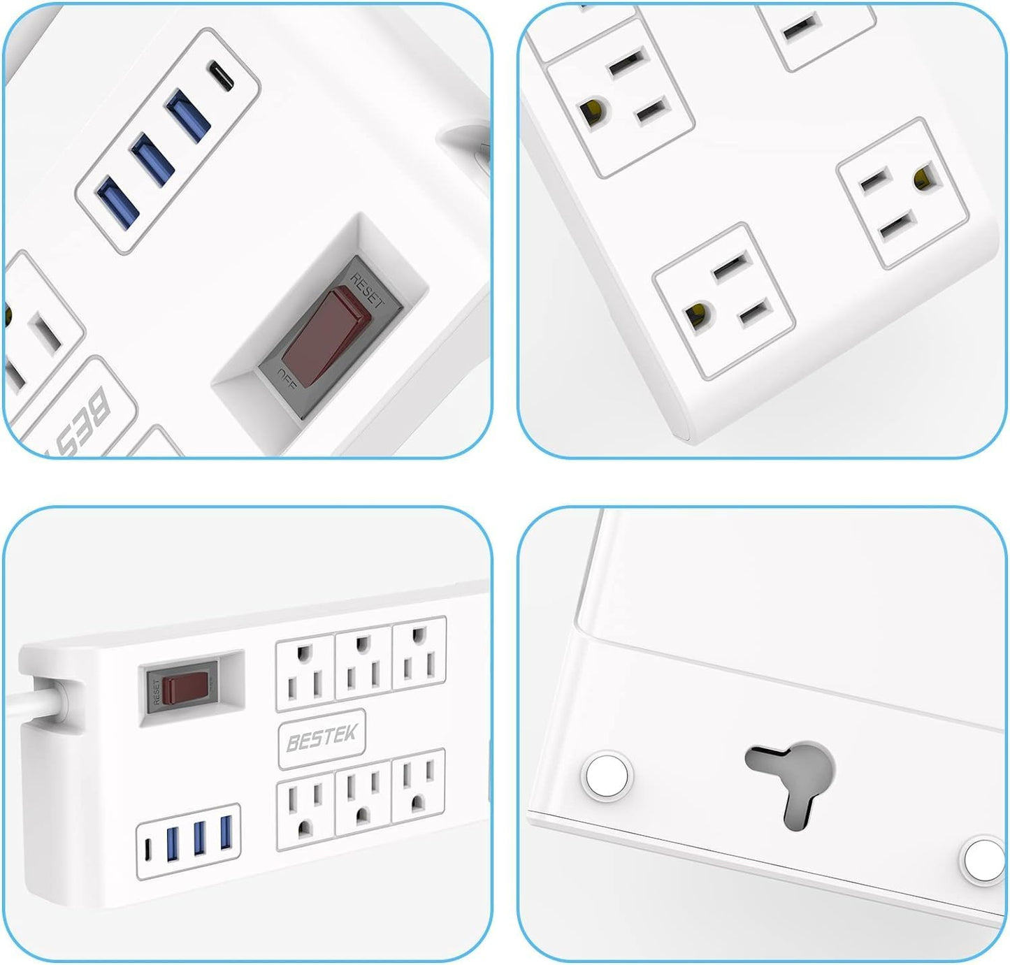 8 AC Outlet, 5 Feet Extension Cord Power Strip with 3 USB-A 2.4A 1USB-C 3A, MAX Output 1625W 13A, 600Joule, Ultra-Compact Wide Spaced Outlet for Large Plug