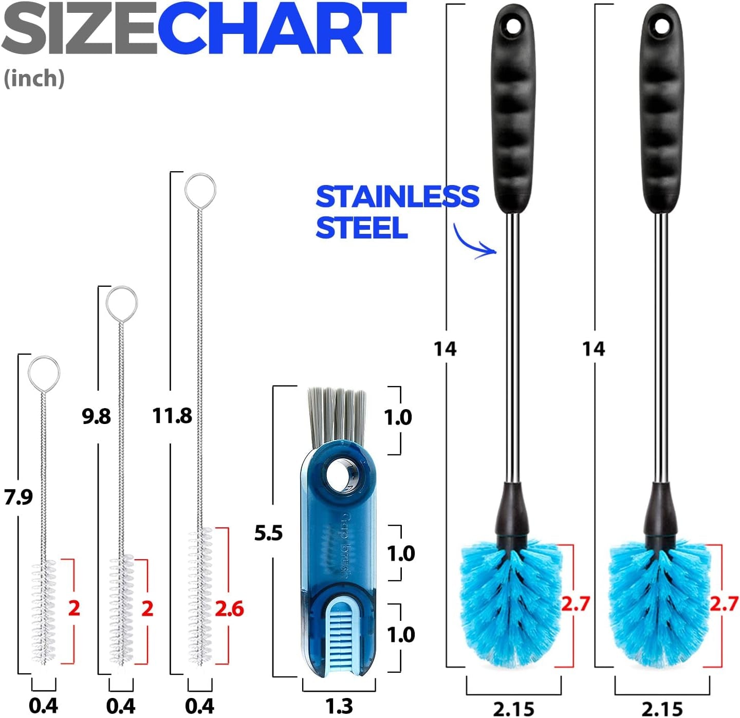 6 Pack Bottle Brush Cleaning Set - 14" Long Handle Cleaner, 7.9"/9.8"/11.8" Straw Brushes, 3-In-1 Multifunctional Brush, for Washing Narrow Neck Beer Decanter Pipes Sinks Rim Lid, Light Blue