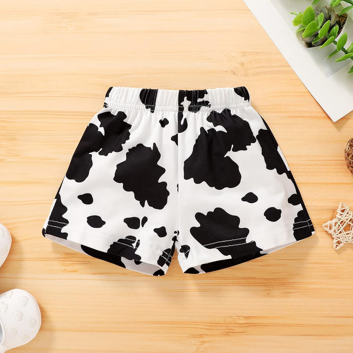 Infant Baby Girl Clothes Summer Black Embroidered Cow Letters Print Romper Cow Spots Shorts Set Toddler Outfits
