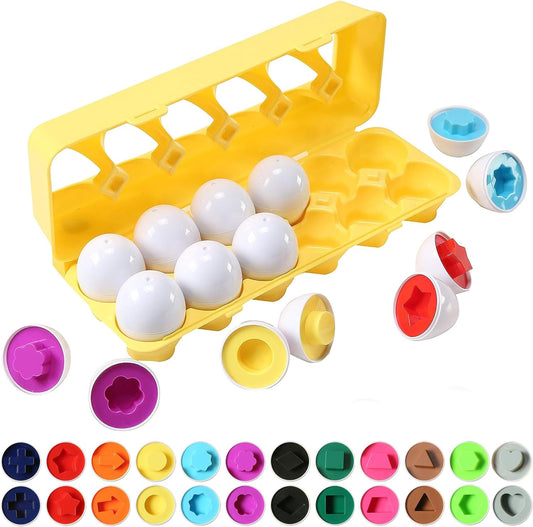 Fun Easter Egg Matching Toy Set (12 Eggs) - Toddler STEM Easter Basket Stuffers, Shape Recognition & Color Sorting Toys, Educational Easter Eggs for Kids, Play Egg Puzzle Set