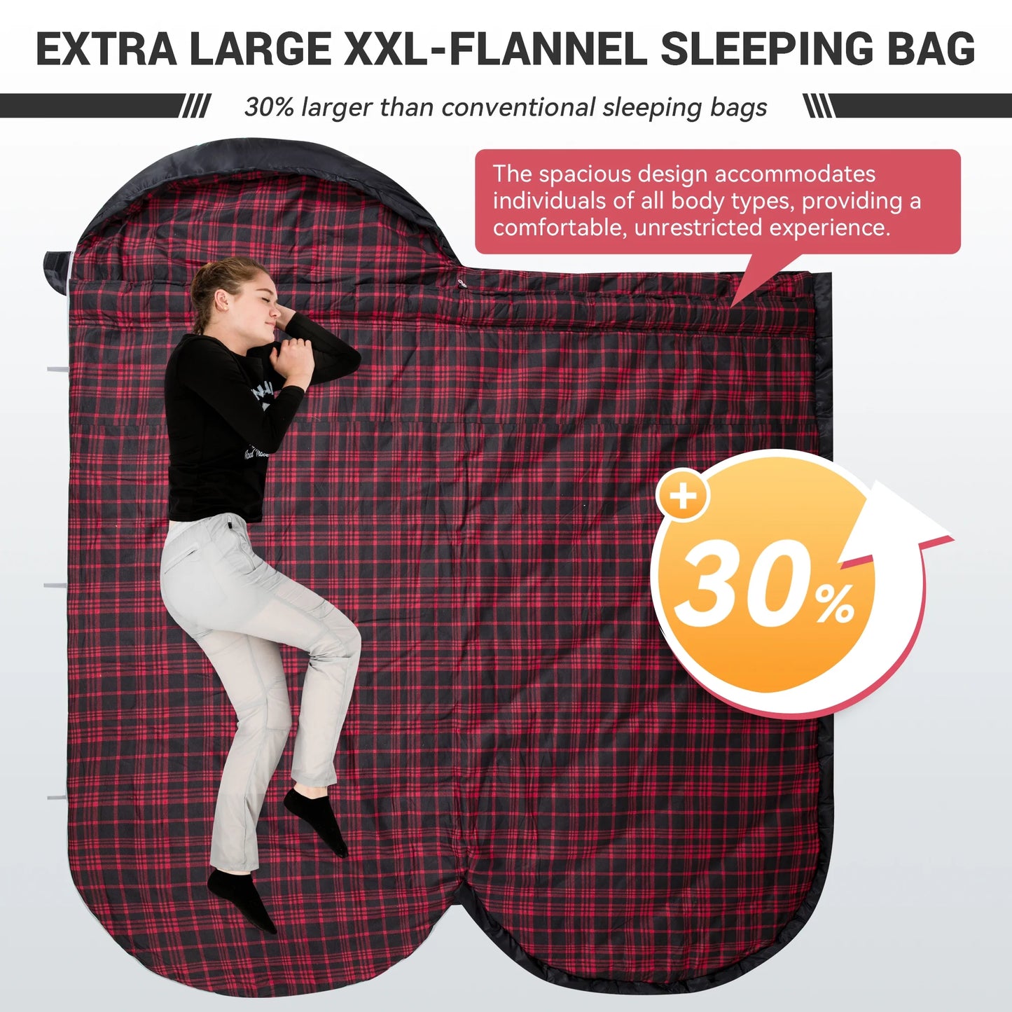 XL Cotton Flannel Sleeping Bags, Oversized Weatherproof 3-Season Sleep Bag with Hood for Camping & Hiking & Backpacking, 17.6℉-54℉ (Black)