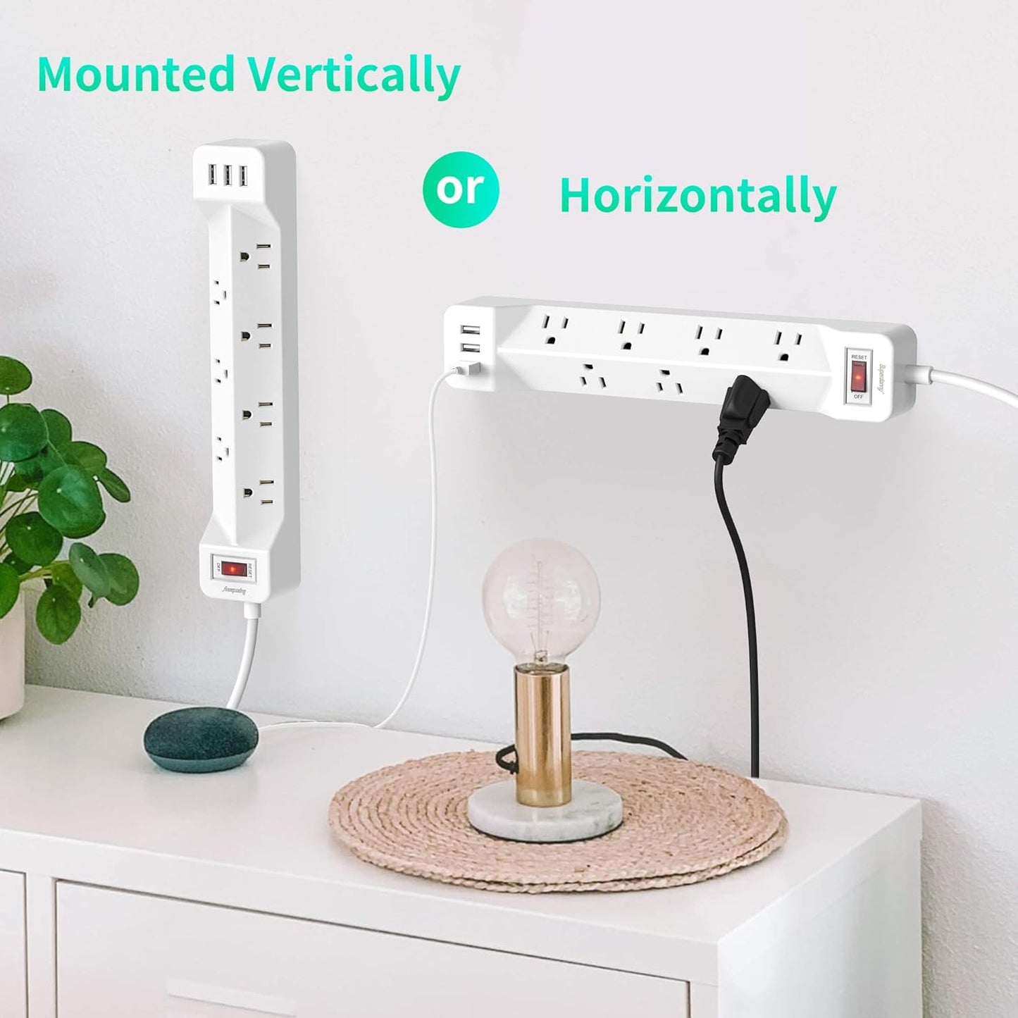 16.5 Ft Power Strip Surge Protector Flat Plug with USB,  7 Wide Spaced Outlets 3 USB Ports Mountable Extension Cord Charging Station, Overload Protection for Home Office Hotel Dorm, White