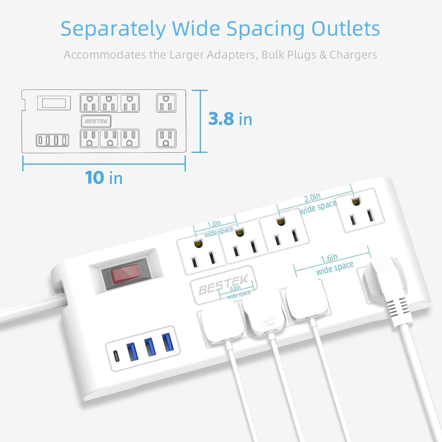 8 AC Outlet, 5 Feet Extension Cord Power Strip with 3 USB-A 2.4A 1USB-C 3A, MAX Output 1625W 13A, 600Joule, Ultra-Compact Wide Spaced Outlet for Large Plug