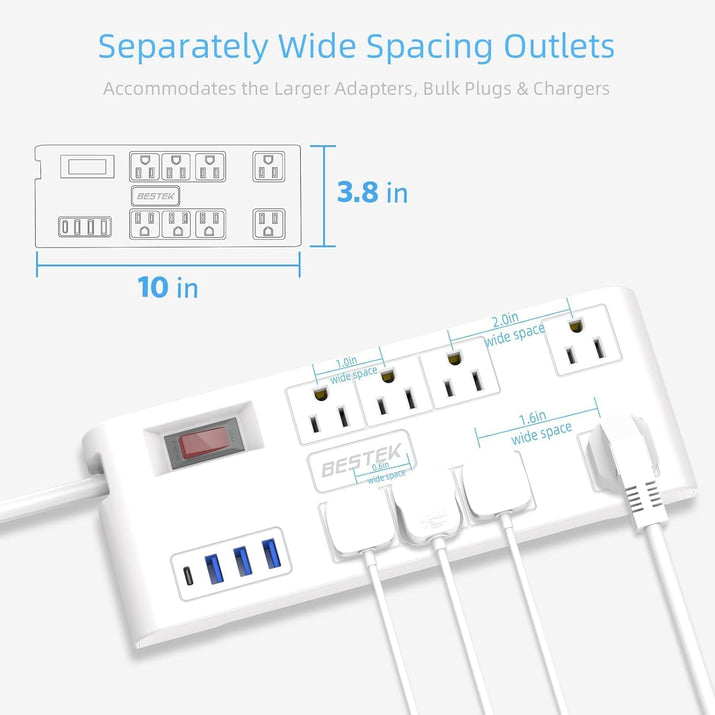 8 AC Outlet, 5 Feet Extension Cord Power Strip with 3 USB-A 2.4A 1USB-C 3A, MAX Output 1625W 13A, 600Joule, Ultra-Compact Wide Spaced Outlet for Large Plug