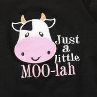Infant Baby Girl Clothes Summer Black Embroidered Cow Letters Print Romper Cow Spots Shorts Set Toddler Outfits