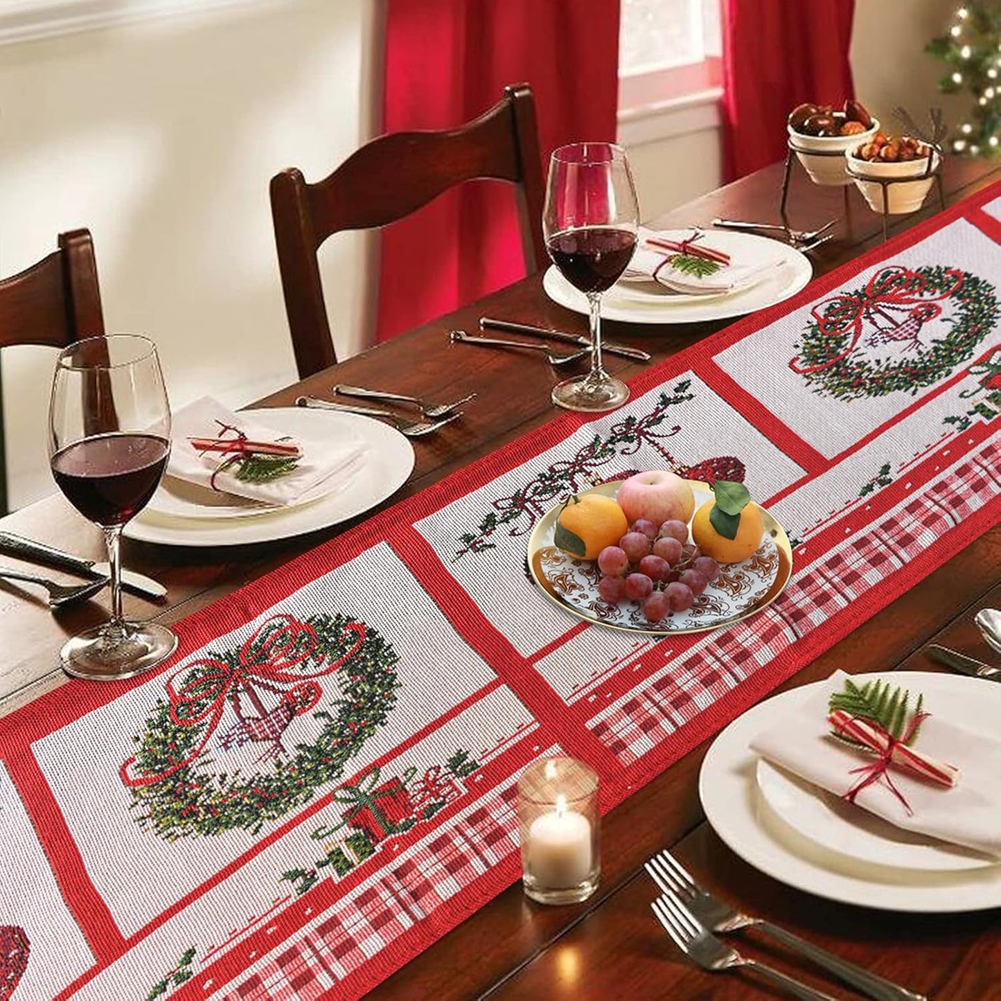 Christmas Table Runner with Tassels,Christmas Tree Wreath Snowman Printed for Christmas Holiday Birthday Party Table Home Decoration,14 X 72 Inches (Wreath)