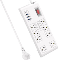 8 AC Outlet, 5 Feet Extension Cord Power Strip with 3 USB-A 2.4A 1USB-C 3A, MAX Output 1625W 13A, 600Joule, Ultra-Compact Wide Spaced Outlet for Large Plug