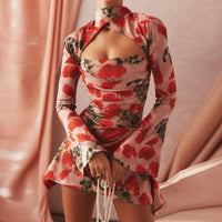 Women Sexy Criss Cross Halter Y2K Mini Dress with Gloves Cutout Vintage Short Bodycon Party Night Club Outfits Floral M