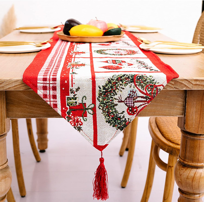 Christmas Table Runner with Tassels,Christmas Tree Wreath Snowman Printed for Christmas Holiday Birthday Party Table Home Decoration,14 X 72 Inches (Wreath)