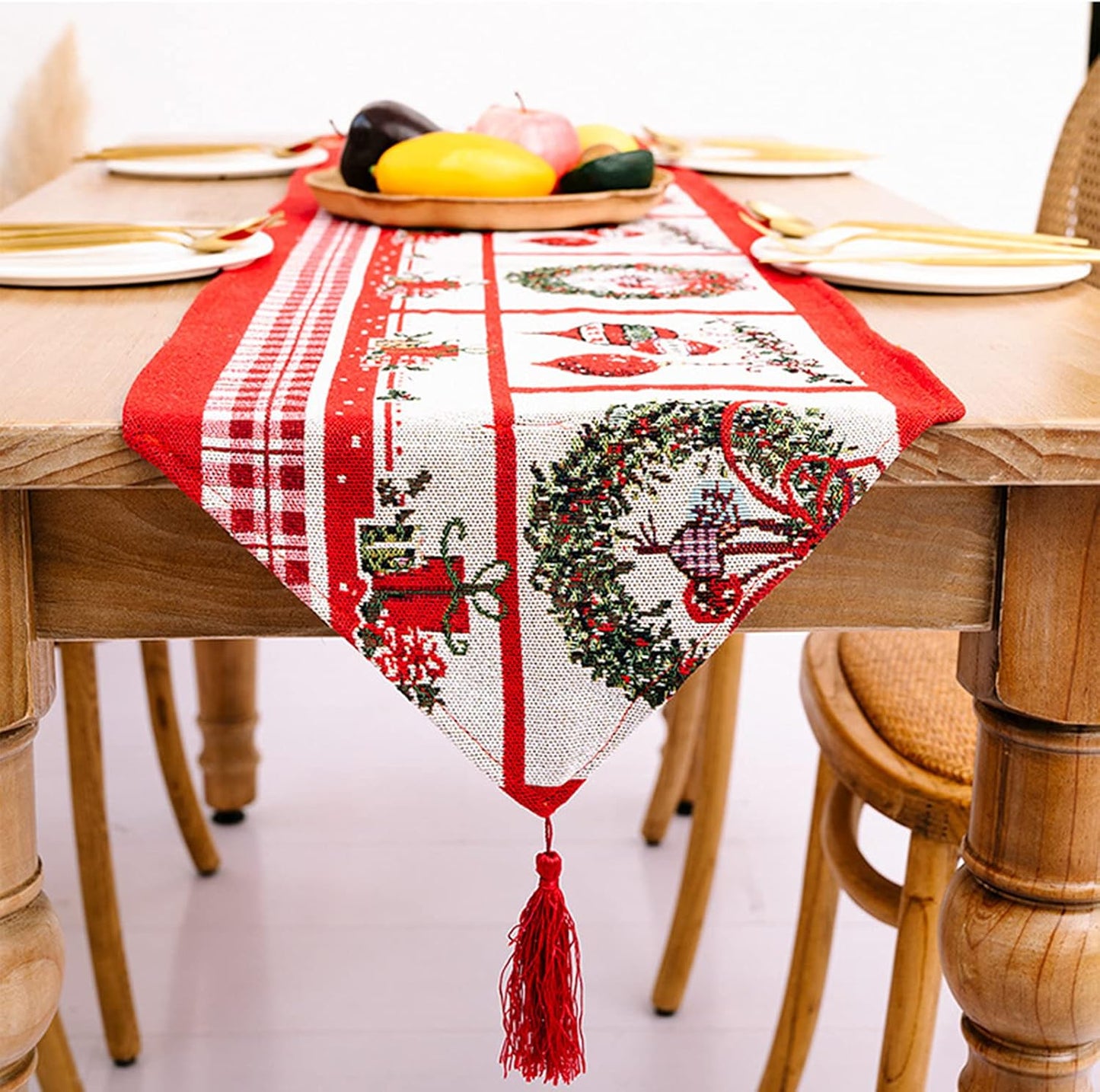 Christmas Table Runner with Tassels,Christmas Tree Wreath Snowman Printed for Christmas Holiday Birthday Party Table Home Decoration,14 X 72 Inches (Wreath)