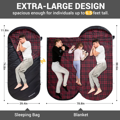 XL Cotton Flannel Sleeping Bags, Oversized Weatherproof 3-Season Sleep Bag with Hood for Camping & Hiking & Backpacking, 17.6℉-54℉ (Black)