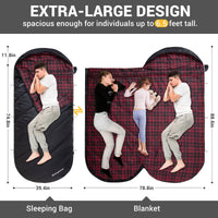 XL Cotton Flannel Sleeping Bags, Oversized Weatherproof 3-Season Sleep Bag with Hood for Camping & Hiking & Backpacking, 17.6℉-54℉ (Black)