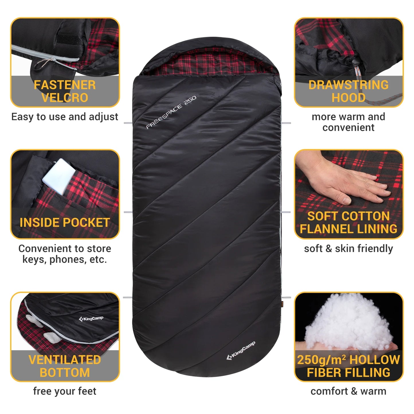 XL Cotton Flannel Sleeping Bags, Oversized Weatherproof 3-Season Sleep Bag with Hood for Camping & Hiking & Backpacking, 17.6℉-54℉ (Black)