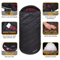 XL Cotton Flannel Sleeping Bags, Oversized Weatherproof 3-Season Sleep Bag with Hood for Camping & Hiking & Backpacking, 17.6℉-54℉ (Black)