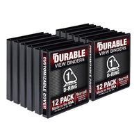 Durable 1 Inch 3 Ring Binder, Made in USA, D Ring Binder, FSC 100% Recycled Chipboard, Black, 12 Pack