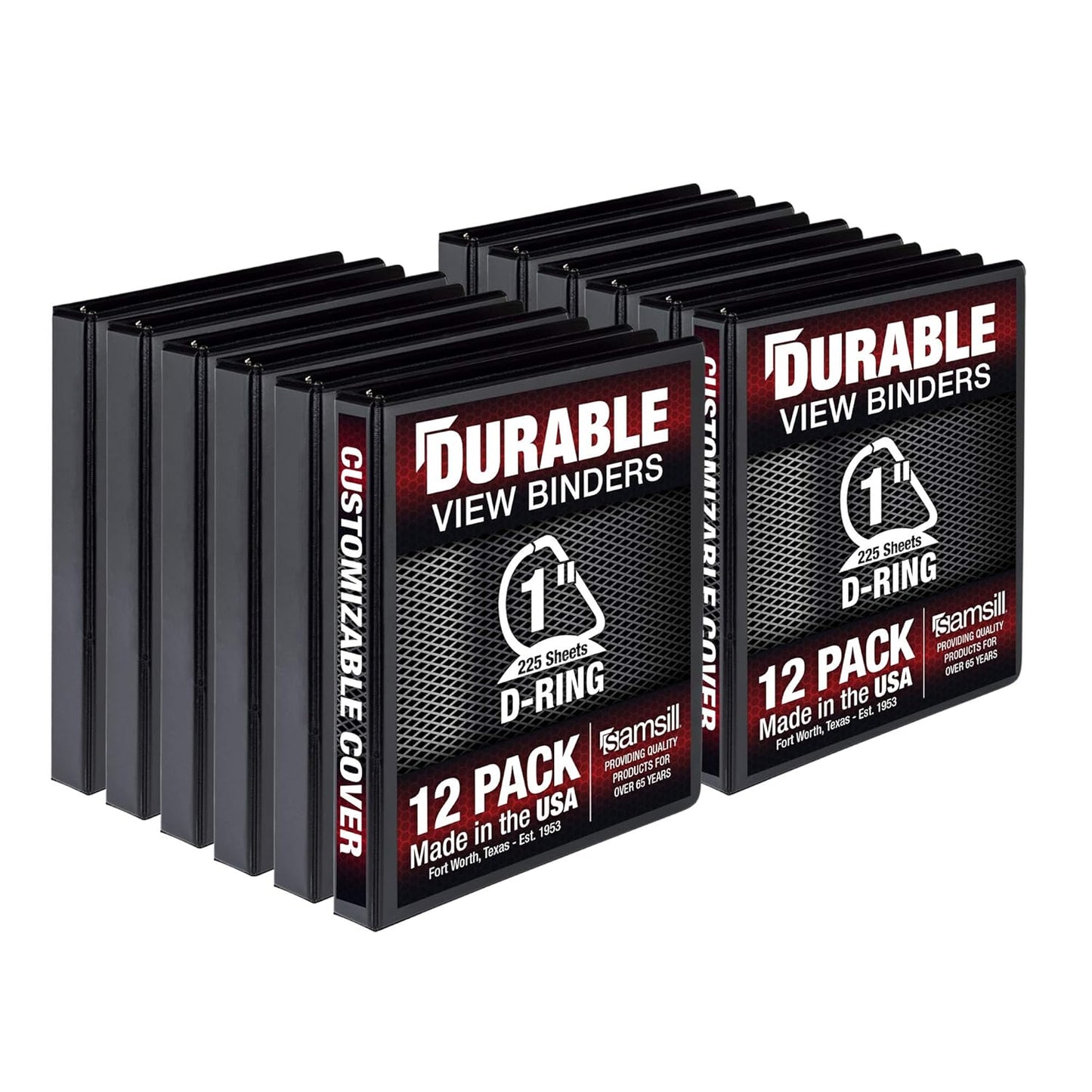 Durable 1 Inch 3 Ring Binder, Made in USA, D Ring Binder, FSC 100% Recycled Chipboard, Black, 12 Pack