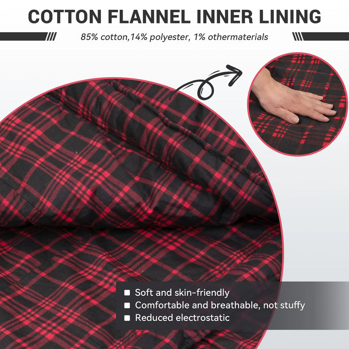 XL Cotton Flannel Sleeping Bags, Oversized Weatherproof 3-Season Sleep Bag with Hood for Camping & Hiking & Backpacking, 17.6℉-54℉ (Black)