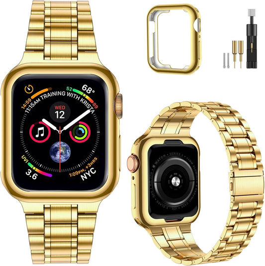 Solid Stainless Steel Band Compatible with Apple Watch 44Mm(Series 6/5/4/SE), 42Mm (Series 3/2/1), Metal Strap with Soft TPU Case for Iwatch Bands for Women and Men, Gold