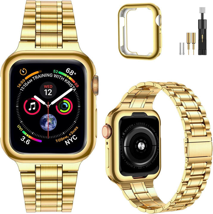 Solid Stainless Steel Band Compatible with Apple Watch 44Mm(Series 6/5/4/SE), 42Mm (Series 3/2/1), Metal Strap with Soft TPU Case for Iwatch Bands for Women and Men, Gold