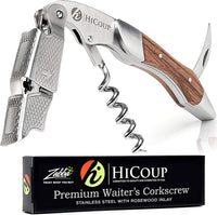 Hicoup Wine Opener - Professional Corkscrews for Wine Bottles W/Foil Cutter and Cap Remover - Manual Wine Key for Servers, Waiters, Bartenders and Home Use - Stainless Steel with Rosewood