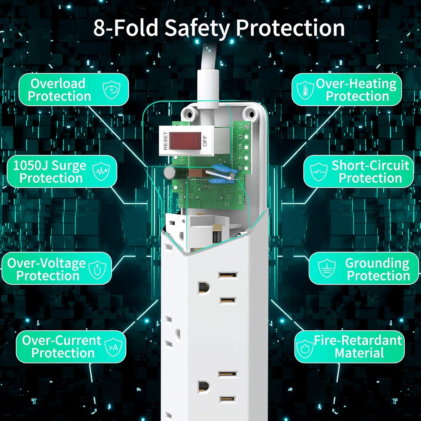 16.5 Ft Power Strip Surge Protector Flat Plug with USB,  7 Wide Spaced Outlets 3 USB Ports Mountable Extension Cord Charging Station, Overload Protection for Home Office Hotel Dorm, White
