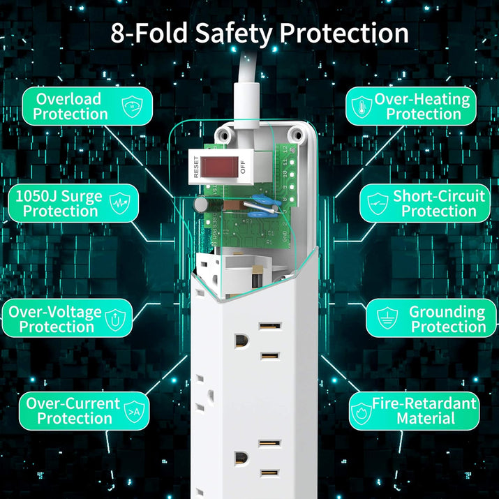 16.5 Ft Power Strip Surge Protector Flat Plug with USB,  7 Wide Spaced Outlets 3 USB Ports Mountable Extension Cord Charging Station, Overload Protection for Home Office Hotel Dorm, White