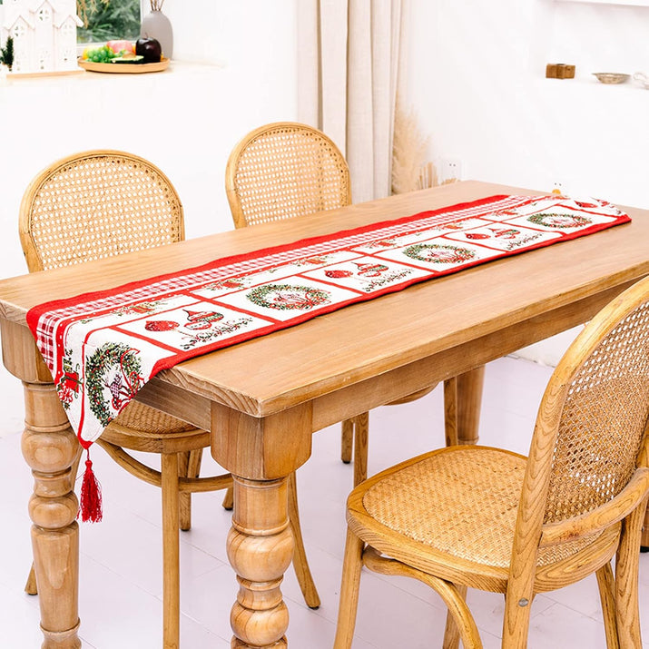 Christmas Table Runner with Tassels,Christmas Tree Wreath Snowman Printed for Christmas Holiday Birthday Party Table Home Decoration,14 X 72 Inches (Wreath)