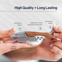 Hicoup Wine Opener - Professional Corkscrews for Wine Bottles W/Foil Cutter and Cap Remover - Manual Wine Key for Servers, Waiters, Bartenders and Home Use - Stainless Steel with Rosewood