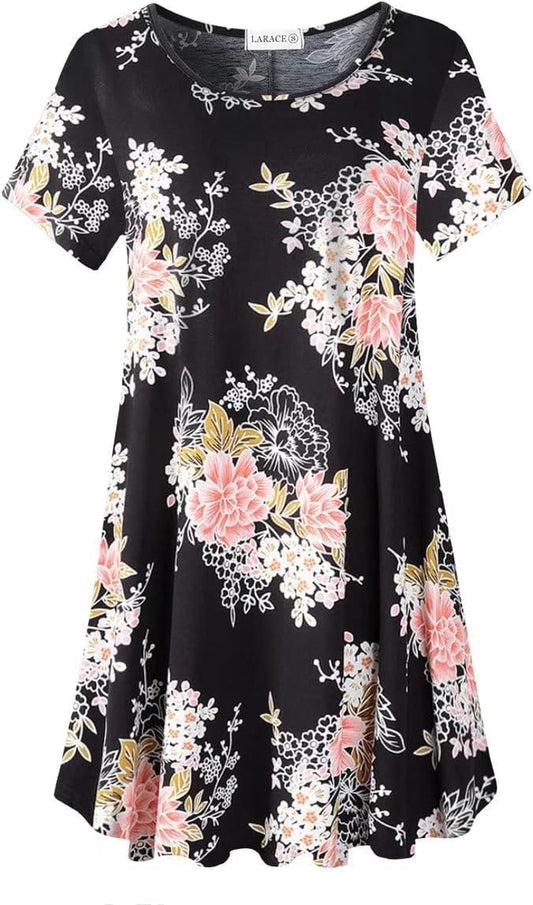 plus Size Dresses for Womens Summer Clothes Casual Floral Tops Short Sleeve T Shirt Dress Swing Sleepwear(A-Black05 S)
