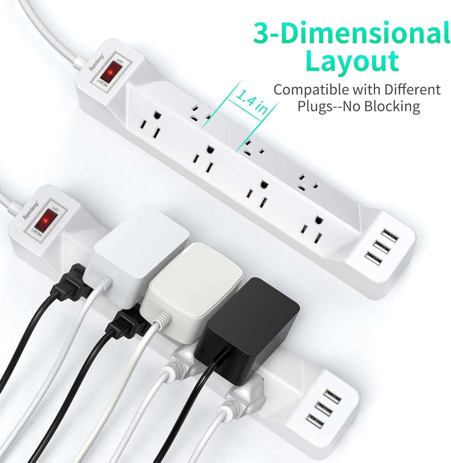 16.5 Ft Power Strip Surge Protector Flat Plug with USB,  7 Wide Spaced Outlets 3 USB Ports Mountable Extension Cord Charging Station, Overload Protection for Home Office Hotel Dorm, White