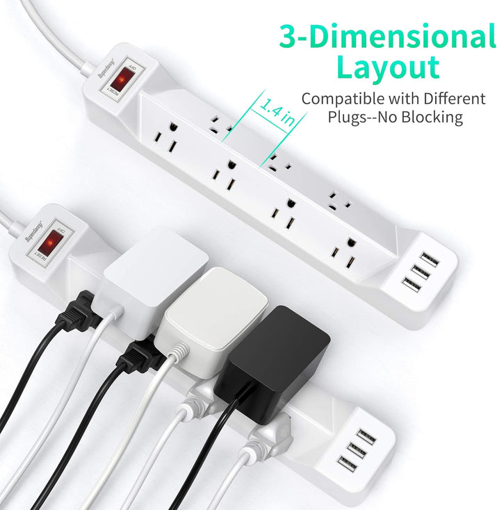 16.5 Ft Power Strip Surge Protector Flat Plug with USB,  7 Wide Spaced Outlets 3 USB Ports Mountable Extension Cord Charging Station, Overload Protection for Home Office Hotel Dorm, White