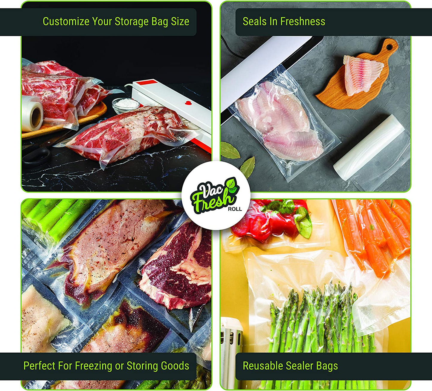 Vac Fresh Food Vacuum Sealer Rolls (8" X 50', 2 Rolls), 3.5Mil Embossed Food Storage Bags, Vacuum Seal Bags for Meal Prep, Sous Vide Bags for Cooking (100 Feet)