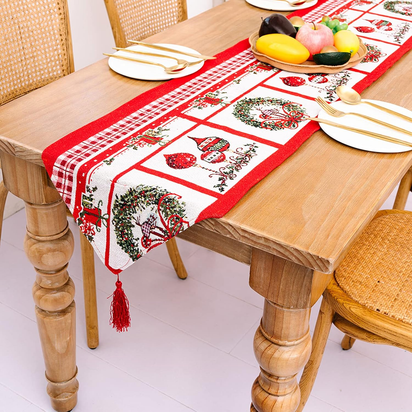 Christmas Table Runner with Tassels,Christmas Tree Wreath Snowman Printed for Christmas Holiday Birthday Party Table Home Decoration,14 X 72 Inches (Wreath)