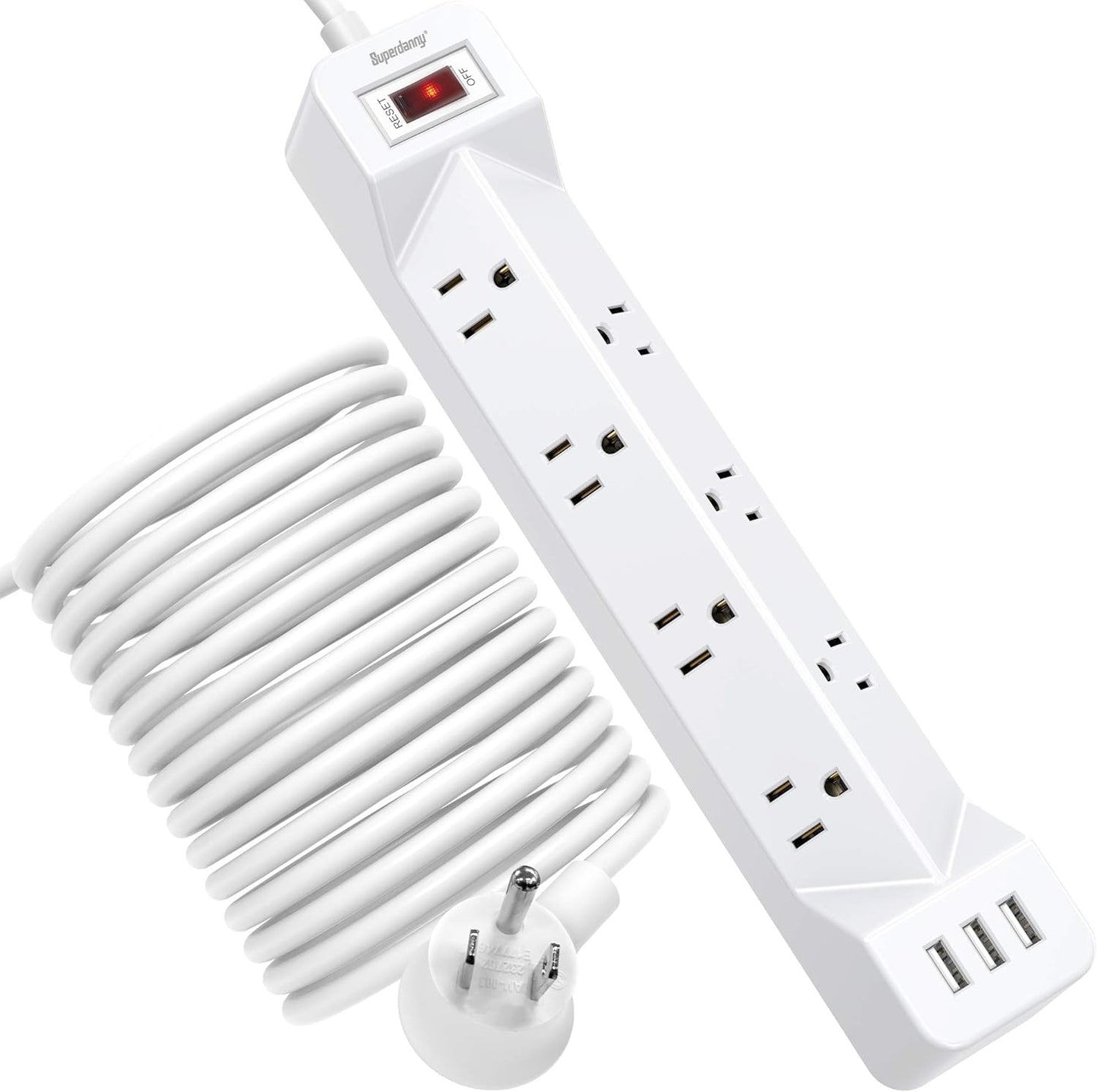 16.5 Ft Power Strip Surge Protector Flat Plug with USB,  7 Wide Spaced Outlets 3 USB Ports Mountable Extension Cord Charging Station, Overload Protection for Home Office Hotel Dorm, White